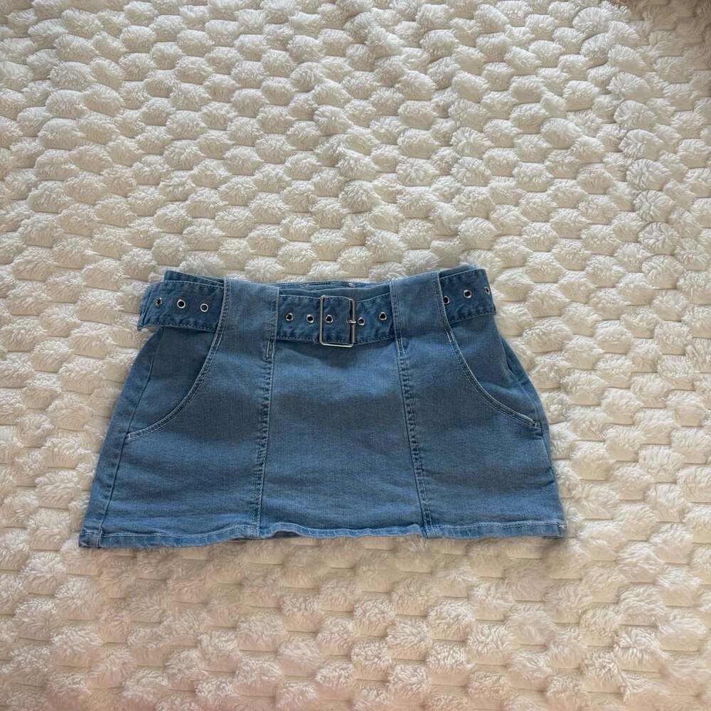 Love Tree Y2K Belted Blue Denim Micro Mini Skirt Side Zip Pockets Medium Wash Wo